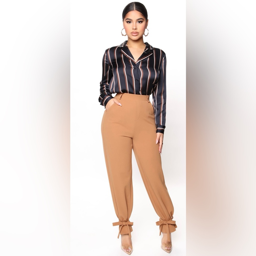 Fashion Nova Tan High-Waisted/Leg Tie Trousers